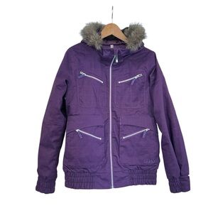 BURTON Lush Dry Ride Snowboard Ski Jacket Women’s L Purple Fur Trim Hood Parka